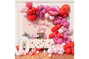 Beaumode Valentine’s Day Balloon Arch Kit Red Pink Rose Heart Lips Foil Balloons 142pcs for Galentine's Day I Love You Engagement Gnomes Valentine's Themed Party Backdrop Decorations (Red Pink Rose)