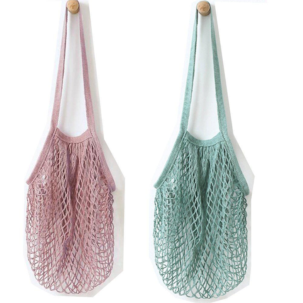 Metyou 2Pcs Portable Reusable Mesh Cotton Net String Bag Organizer Shopping Tote Handbag Fruit Storage Shopper NEW (green,purple)