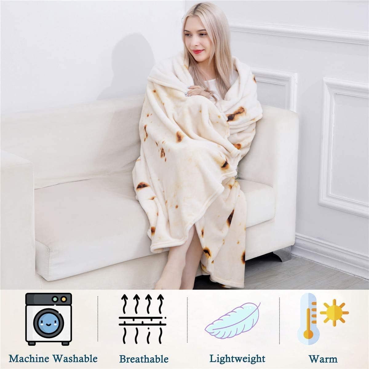 Jorbest Burritos Tortilla Blanket 2.0 Double Sided 60 inches for Adult and Kids, 285 GSM Funny Soft Flannel Taco Blanket, Novelty Giant Food Blanket for Everyone, Yellow Blanket Double Sided: Kitchen & Dining