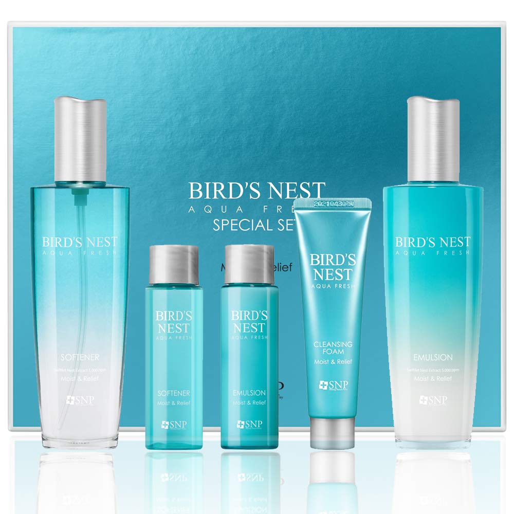 SNP - Bird's Nest Aqua Fresh Skin Care Gift Set - Intensive Moisture for Extremely Dry & Sensitive Skin - Softener, Emulsion & Cleanser - Best Gift Idea for Mom, Girlfriend, Wife, Her, Women