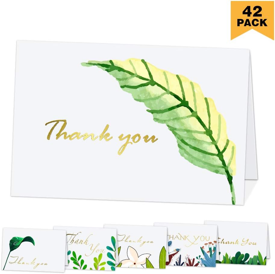 Thank You Cards with Envelopes Thank You Notes Greeting Cards with Gold Foil Lettering, Perfect for Wedding, Graduation, Birthday, Baby Shower and Business, 6 Designs Blank Inside 4x6 Inches - 42 Packs