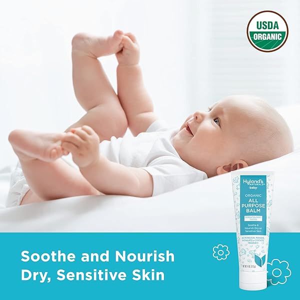 HYLAND’S BABY ORGANIC ALL PURPOSE BALM, SOOTHE AND NOURISH DRY/SENSITIVE SKIN, MOISTURIZER WITH ORGANIC ALMOND AND COCONUT OIL, SHEA BUTTER, AND CALENDULA, SAFE AND GENTLE, DERMATOLOGIST TESTED, 4 OZ