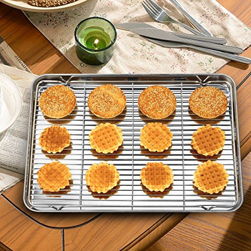 Baking Sheets 2 Pieces with A Rack, HKJ Chef Cookie Sheets and Nonstick Cooling Rack & Stainless Steel Baking Pans & Toaster Oven Tray Pan, Rectangle Size 16 x 12 x 1 inch & Non Toxic