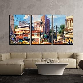3 Piece Canvas Wall Art - Digital Painting Showing Street Scene with Urban Traffic on a Beautiful Sunny Day - Modern Home Art Stretched and Framed Ready to Hang - 16"x24"x3 Panels