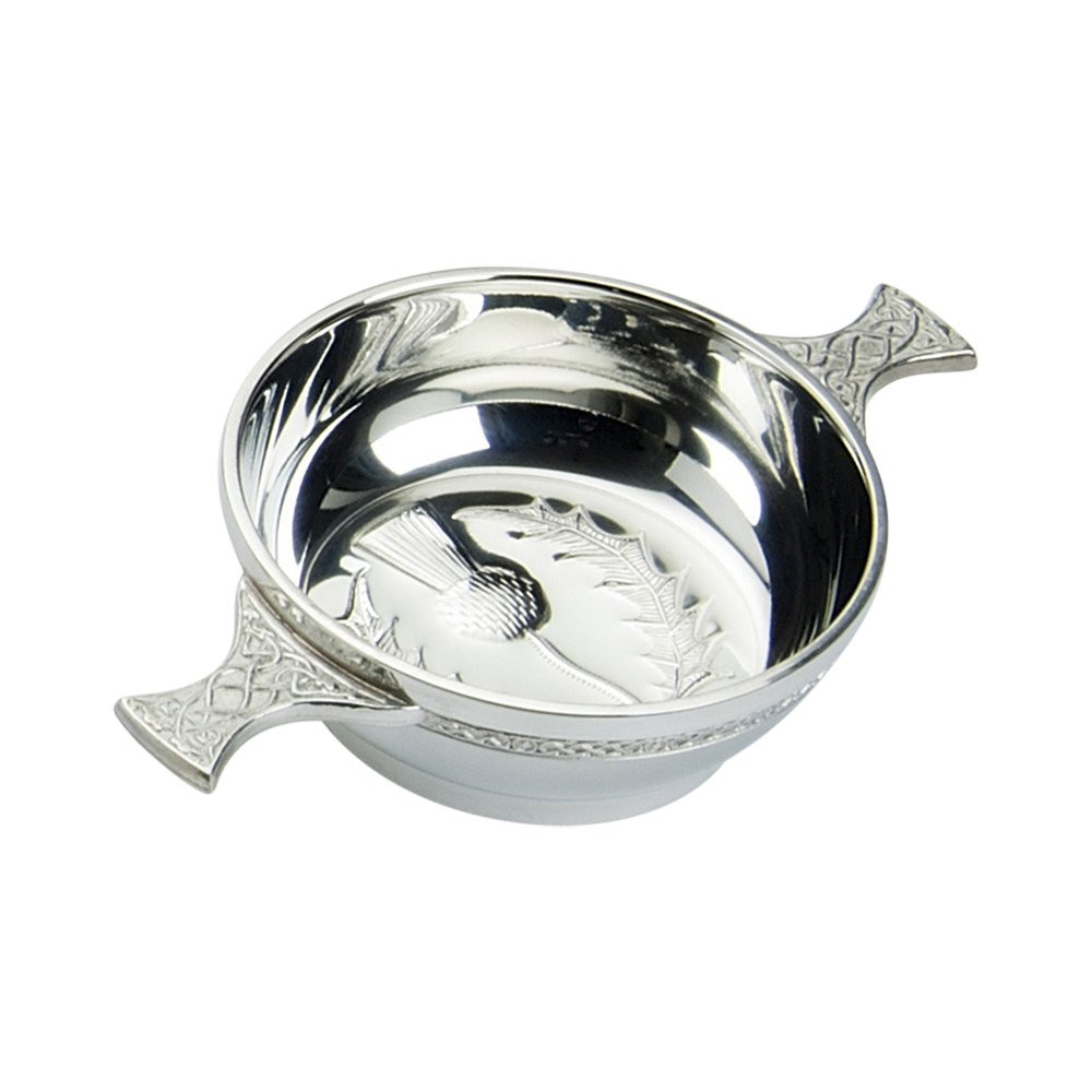 Edwin Blyde & Co 15447 Quaich with Embossed Thistle Inside and Celtic Handles, 4 inch, Pewter 18 x 12 x 6 cm