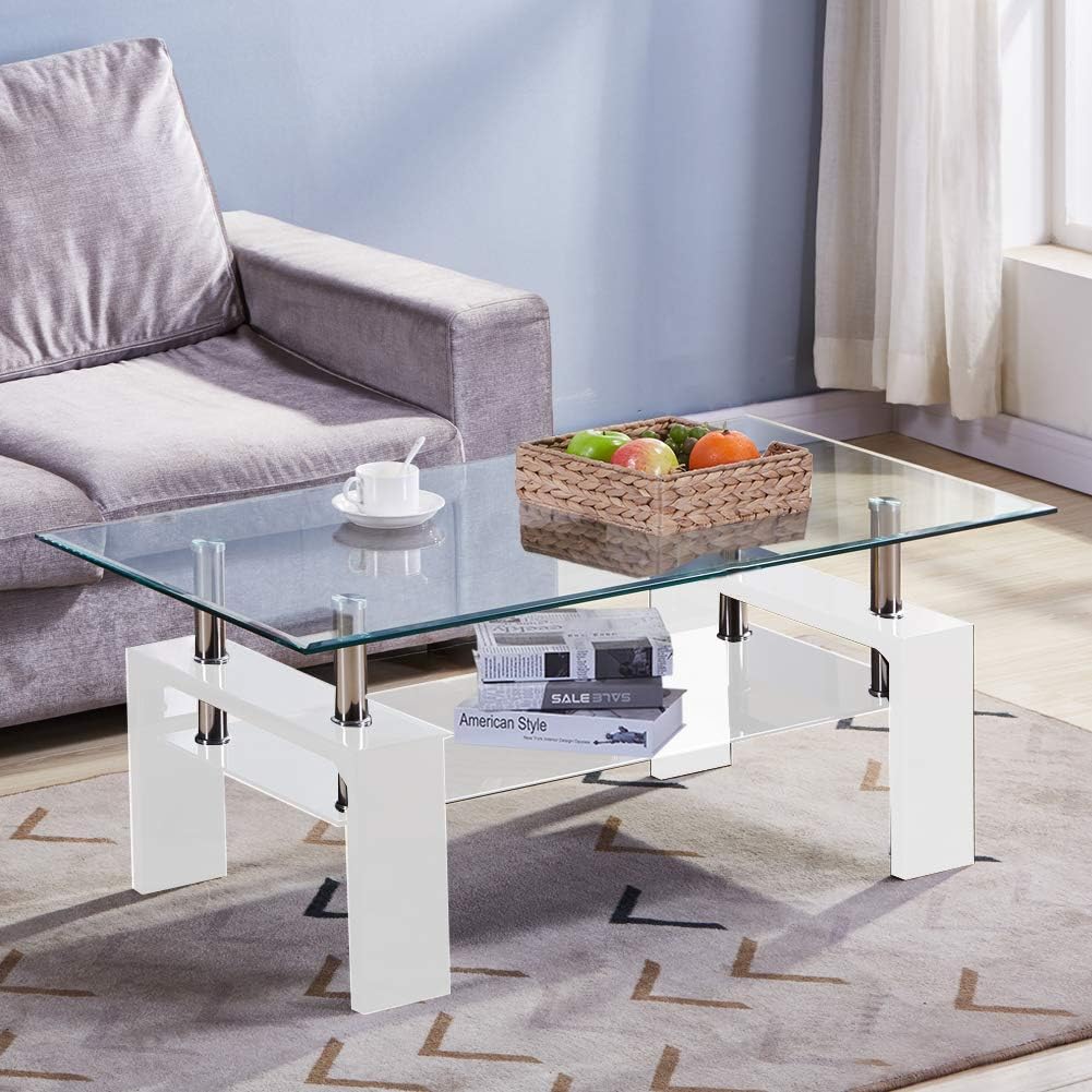 GOLDFAN Modern High Gloss Coffee Table Rectangle Glass Side End Table