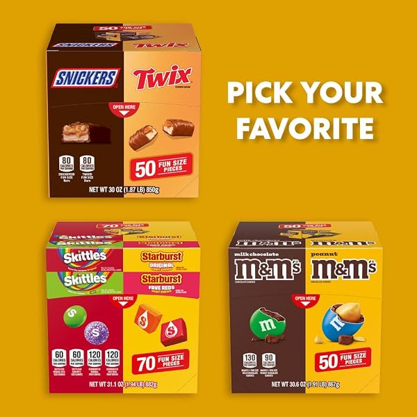 M&M’S MILK CHOCOLATE & M&M’S PEANUT FUN SIZE CANDY INDIVIDUALLY WRAPPED MILK CHOCOLATE VARIETY PACK PANTRY CUBE EASY OPEN AND CLOSE DISPENSER FOR CONVENIENT SNACKING, 50 CT BULK BOX