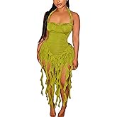 Women's Mini Dress Sexy Halter Backless Ruffle Fringe Bodycon Short Dress Cocktail Party Beach Vacation Sundress