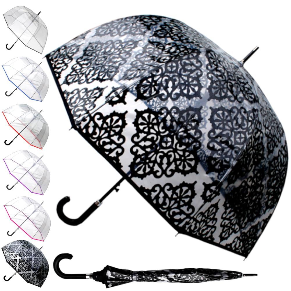 60MPH Rare Automatic Clear Umbrella - Windproof Dome Umbrella Strong - See Through Transparent Clear Plastic Canopy - Best for Visibility - Designer Fiberglass Men Women - Patterned