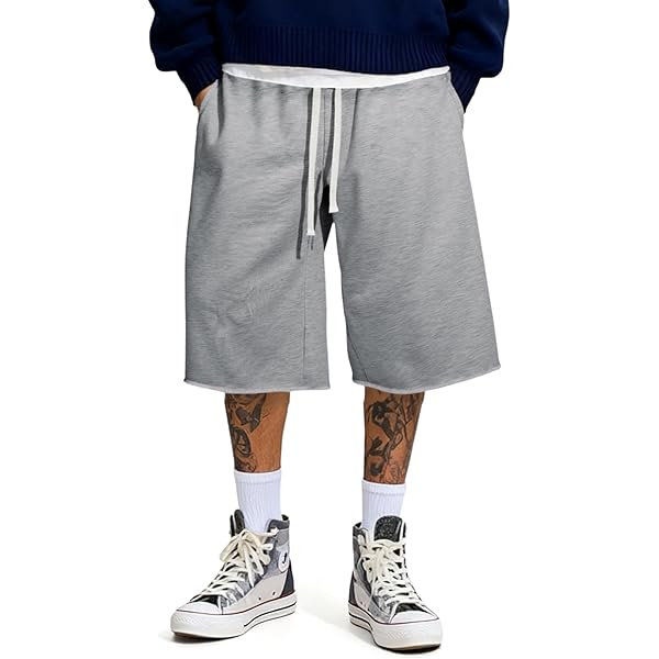 SHENHE Men's Baggy Sweat Shorts Drawstring Waist Wide Leg Raw