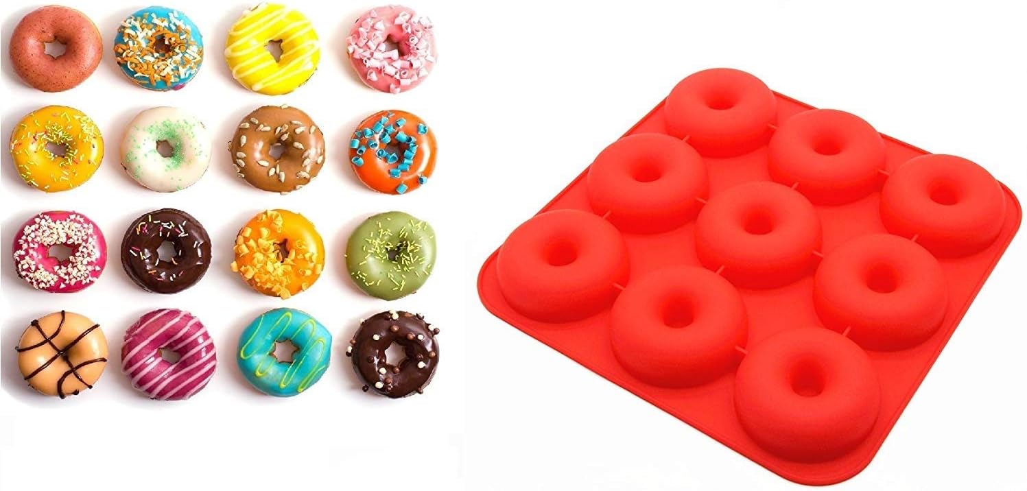 Silicone Donut Molds, HelpCuisine® 9 Cavity Non-Stick Safe Baking Tray Maker Pan Heat Resistance for Cake Biscuit Bagels Muffins, Eco-Friendly; BPA Free, Super Thick (358 Grams)