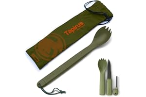 Tapirus Spork Tactical Green | BPA Free Spoon Fork, Stainless Steel Knife and Fire Starter | 3 in 1 multipurpose utensil | Outdoor hiking, camping & backpacking gear | Fit for MRE