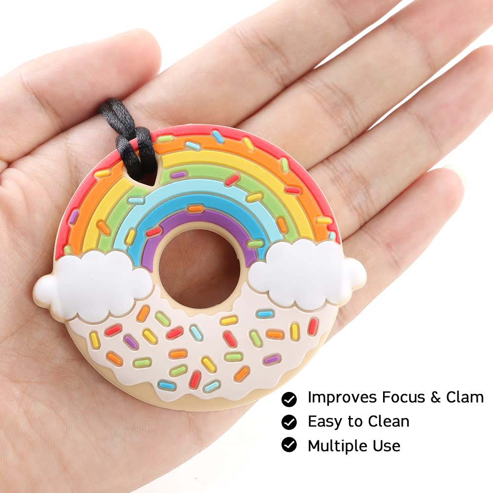 Rainbow Donut Sensory Chew Teether for Boys and Girls,Food Grade Silicone Safety Chewy Teething Toy for Kids with Autism, ADHD,Oral Motor,Teething,Biting Needs