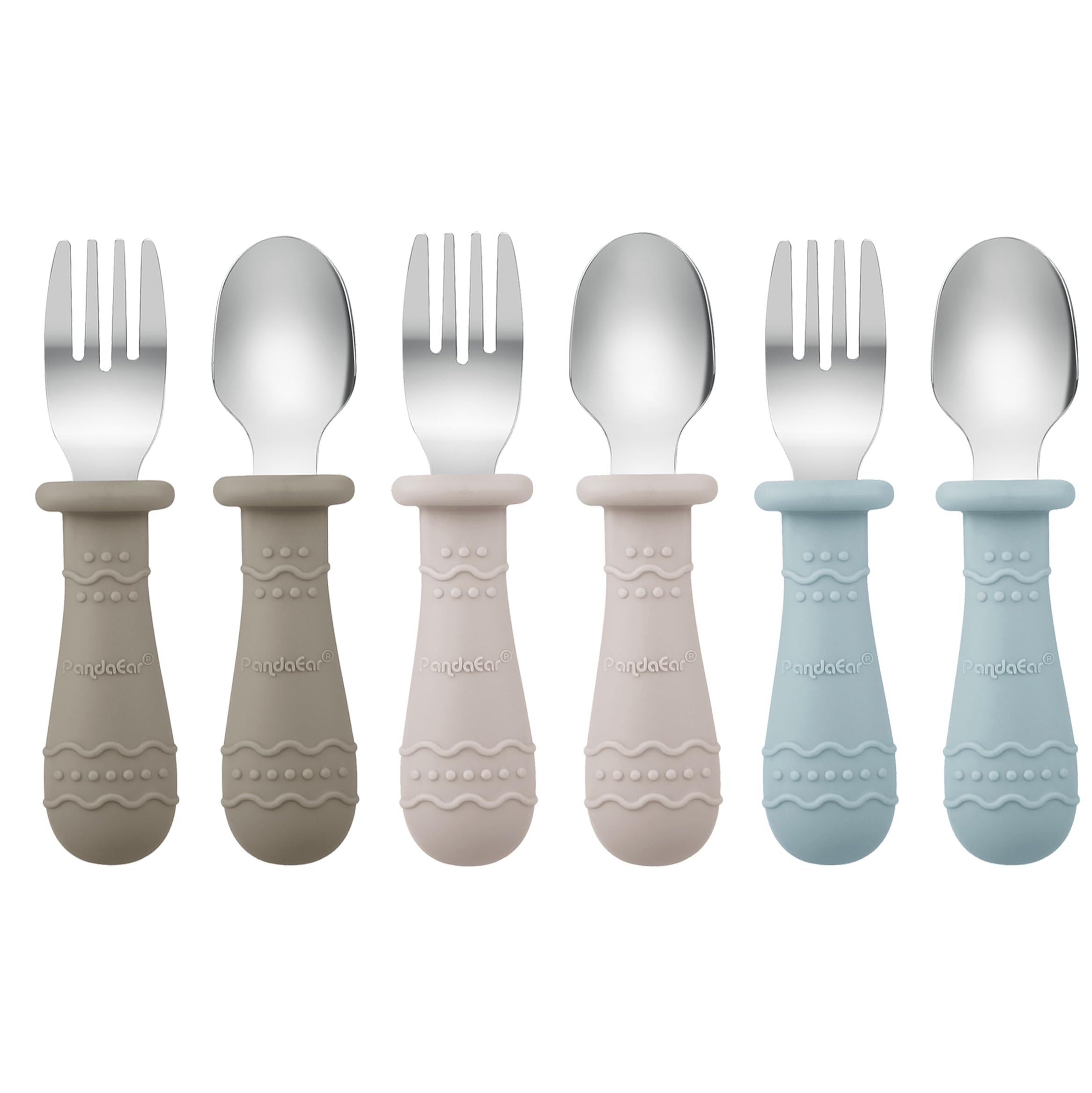 PandaEar 6 Pack Toddler Cutlery Set| Baby Fork and Spoon Set| Stainless Steel Childrens Kids Baby Cutlery Self Feeding 12 Months Plus with Silicone Holding Anti-Choke Design (Light Tan/Walnut/Blue)