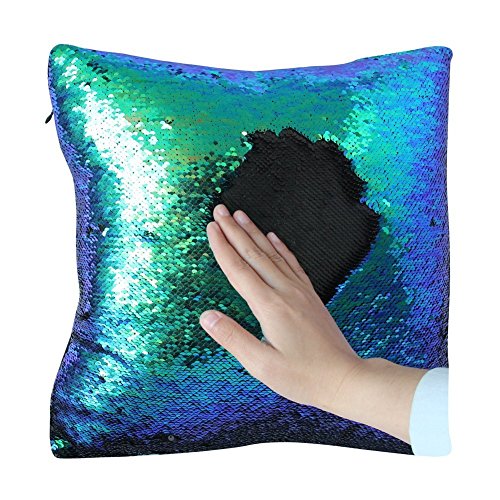 URSKYTOUS Reversible Sequin Pillow Case Decorative Mermaid Pillow Cover Color Changing Cushion Throw Pillowcase 16” x 16”,Fancy Green and Black - Thumbnail 4
