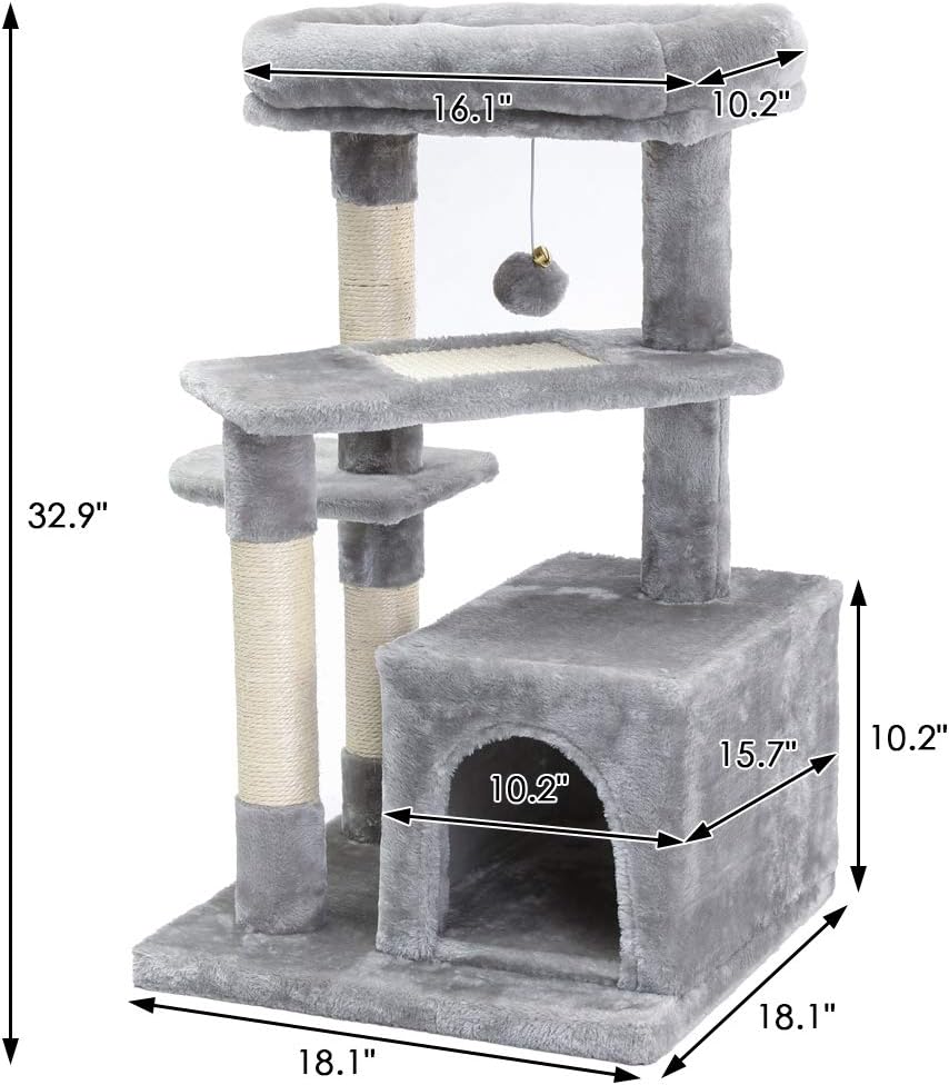 SUPERJARE Cat Tree with Extra Scratching Board & Posts, Kitten Tower Center with Plush Perch and Dangling Ball, Pet Play Condo Furniture - Gray : Pet Supplies