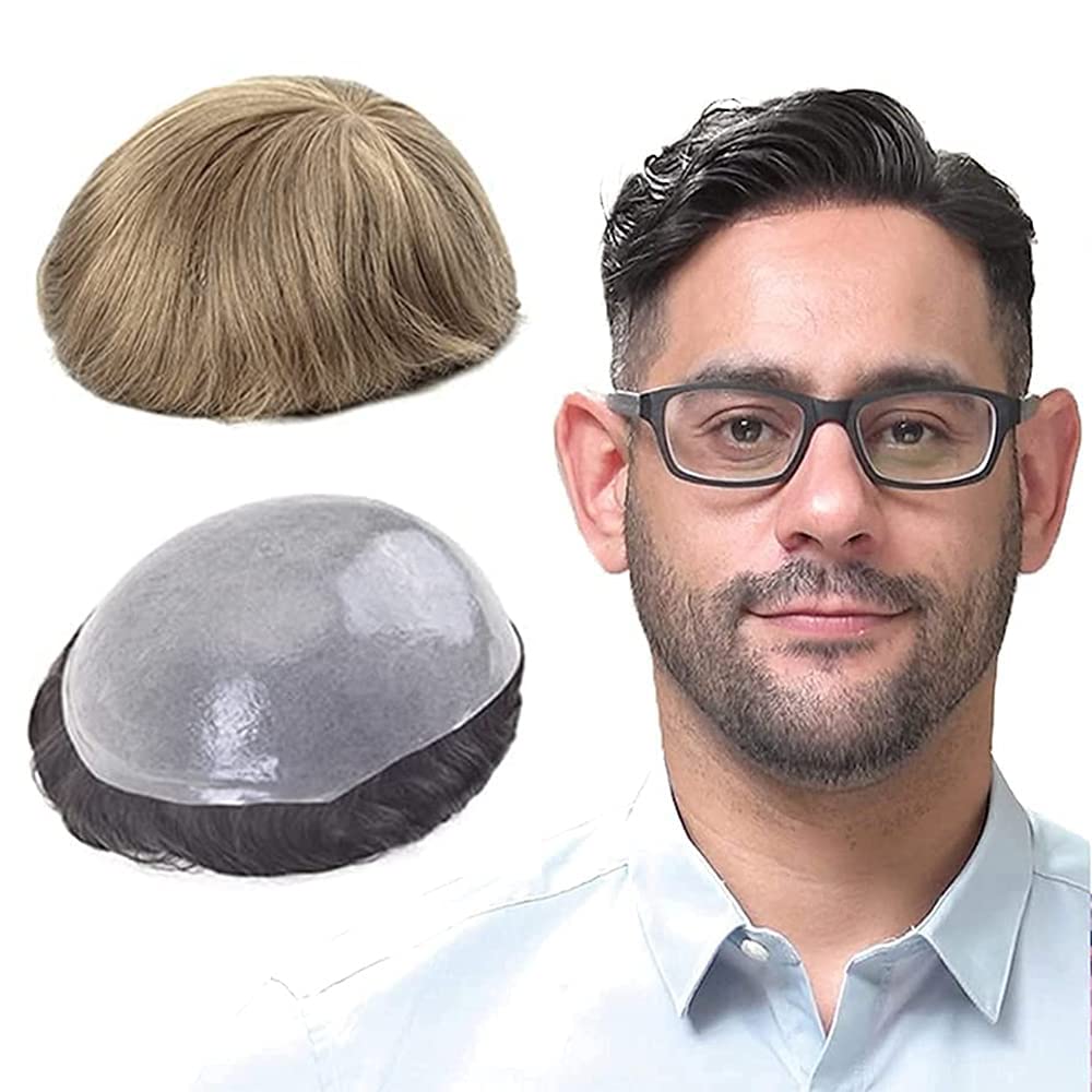 Lordhair Toupee for Men with 100% Human Hair, 0.08mm Natural Skin Hair Pieces Replacement for Men Base Size 8x10 inch Mens Toupee V-looped Hair System (Dark Blond Brown 18#) โ image 1