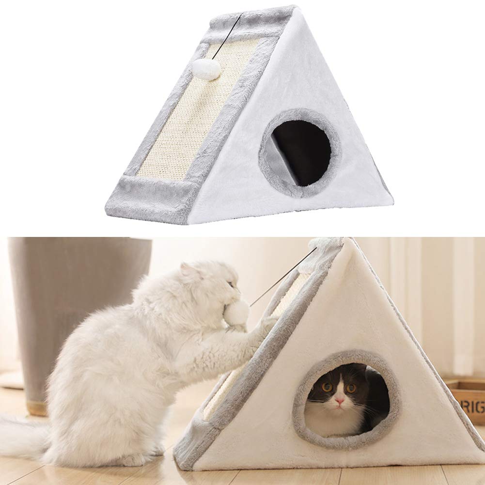 XianghuangTechnology 2-in-1 Cat Cave Bed with Scratching Post Triangular Cat Cave,Fully Collapsible Cat House/Caves Condo Indoor/Outdoor (Gray)