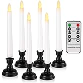 FREEPOWER Set of 6 Flameless Window Taper Candles with 6PCS Black Base, Battery Operated FlickeringTaper Candle with Remote and 4H/6H Timer,for Christmas Home Wedding Decor..