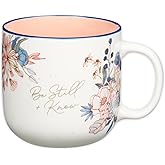 Christian Art Gifts Large Inspirational Ceramic Coffee & Tea Mug for Women: Be Still & Know Encouraging Bible Verse Psalm, Cute Novelty Non-toxic Sturdy Beverage Cup, White/Pink/Blue Floral, 14 oz.