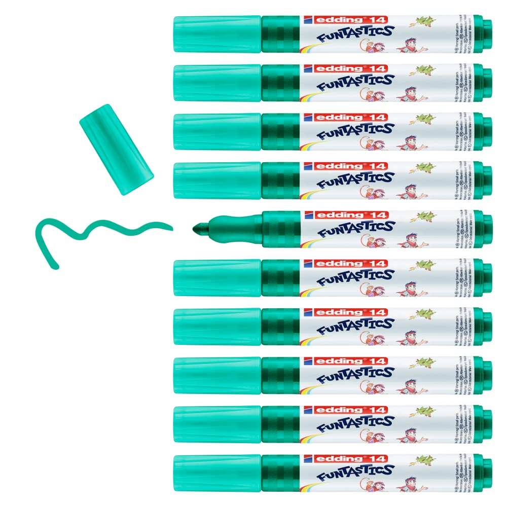 edding 14 FUNTASTICS - 10 colouring pens for children - green - round nib 3 mm - for colouring fun on light-coloured paper and card - washable from skin and textiles