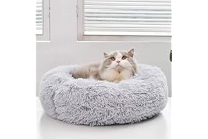 Geizire Cat Beds for Indoor Cats, Cat Bed, Dog Beds for Small Dogs, Washable Donut Calming Round Cat Bed, Soft Fluffy Warm and Cozy Anti Anxiety Cuddler, Joint-Relief Pet Bed(Grey)