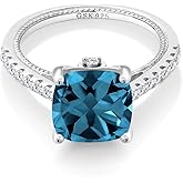 Gem Stone King 5.47 Cttw London Blue Topaz and White Created Sapphire Ring For Women | 925 Sterling Silver | Cushion 10MM | Wedding Engagement Anniversary Promise Ring For Women