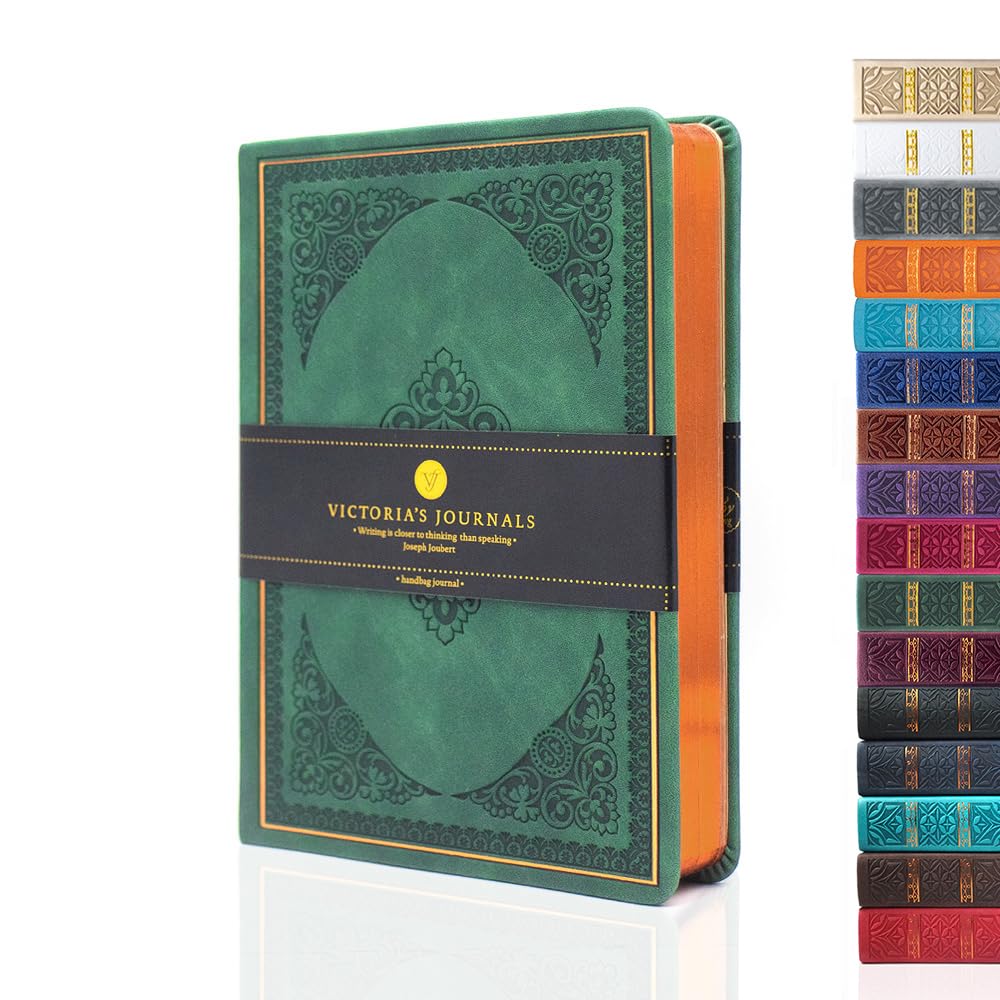 VICTORIA'S JOURNALS Leatherette Vintage Journal Hard Cover Lined Notebook Old Looking Travel Diary (Dark Green, B6)