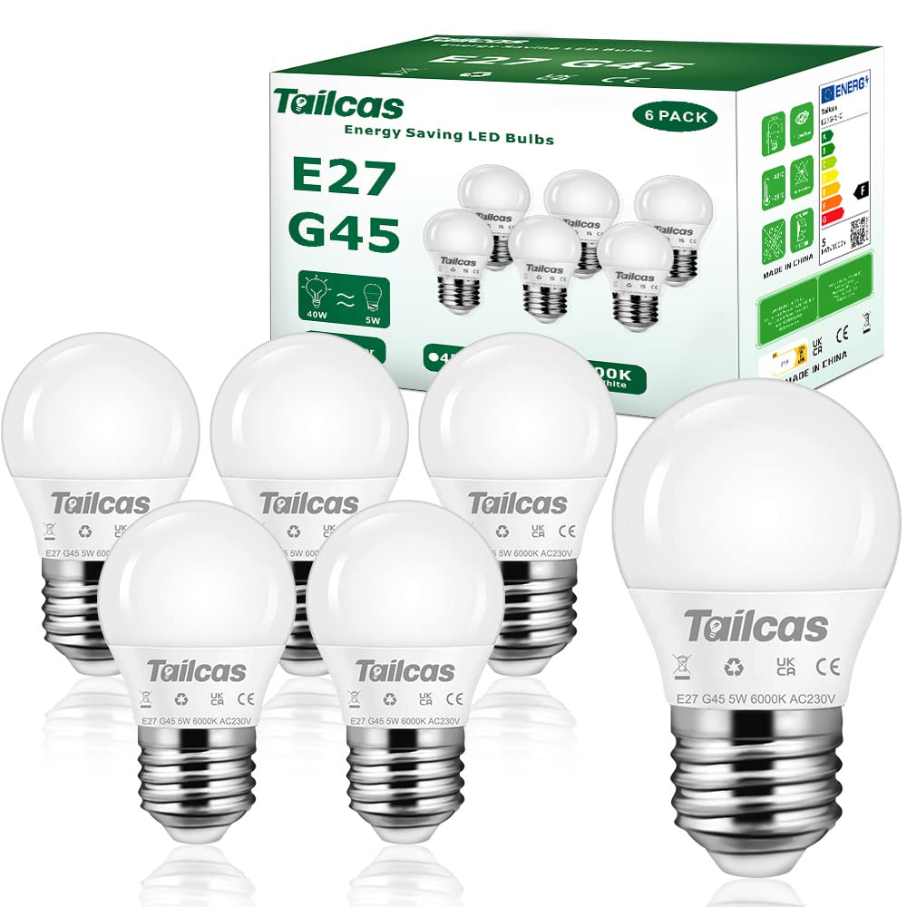 Tailcas E27 LED Bulb Cool White, 5W (45W Equivalent), 450LM Large Edison Screw Light Bulbs Daylight 6000K, No Dimmable No Flicker ES Golfball, 6 Pack