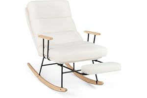 Giantex Rocking Chair Nursery, Teddy Upholstered Rocker Chair w/ 5-level Adjustable Backrest & Retractable Footrest, Rubber W