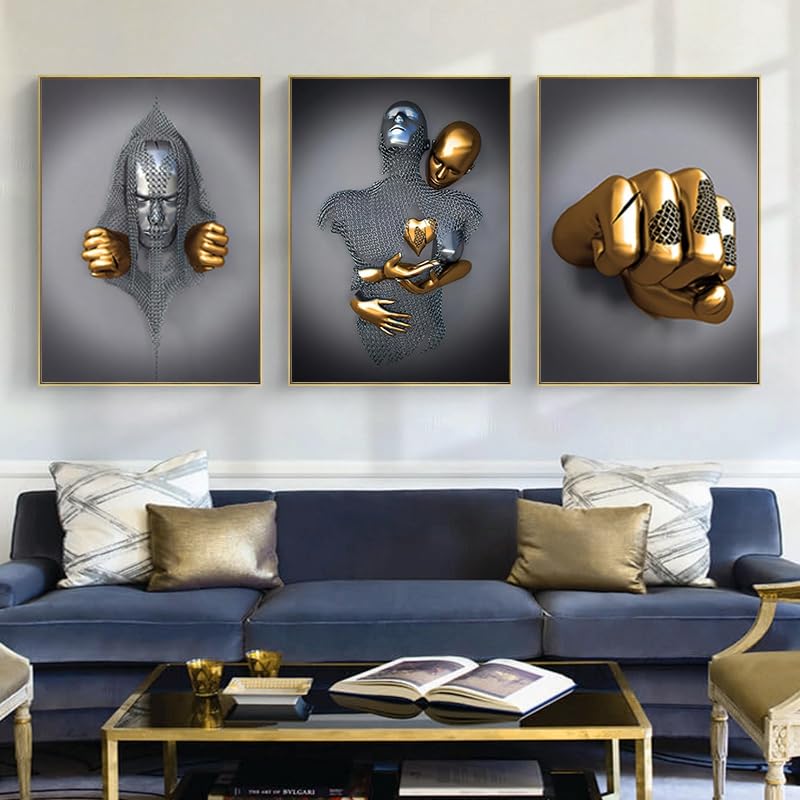 LPFNSF Modern Decorative Painting of Metal 3D, Romantic Art, Embracing Sculpture Decoration Poster, Bedroom, Living Room, Wall Printed Poster of the Main Background, Frameless. (D 3, 60x90cm*3)