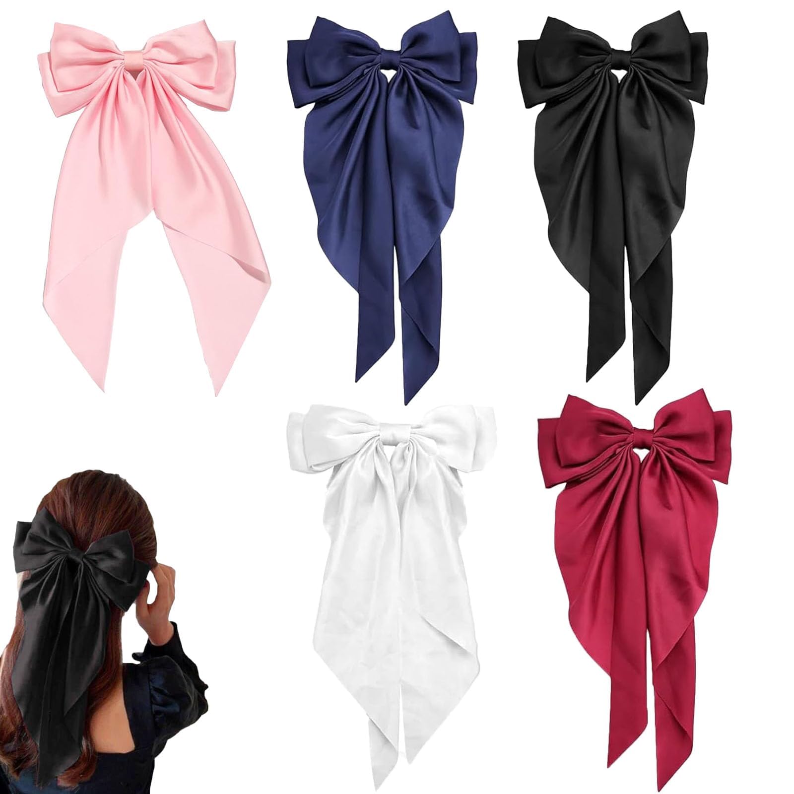 Niksultant Pcs Black Hair Clips with Colorful Bow Solid Color Hair Bow French Knots for Women Girls Soft Satin Hair Accessories