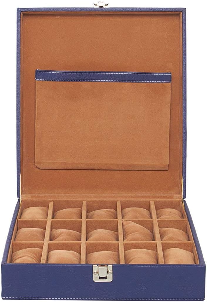 Leather World ® Leatherete Watch Box 15 Slots Both Small Large Dial Watches Fit Organizer Storage Boxes Case Men Womens BLUE