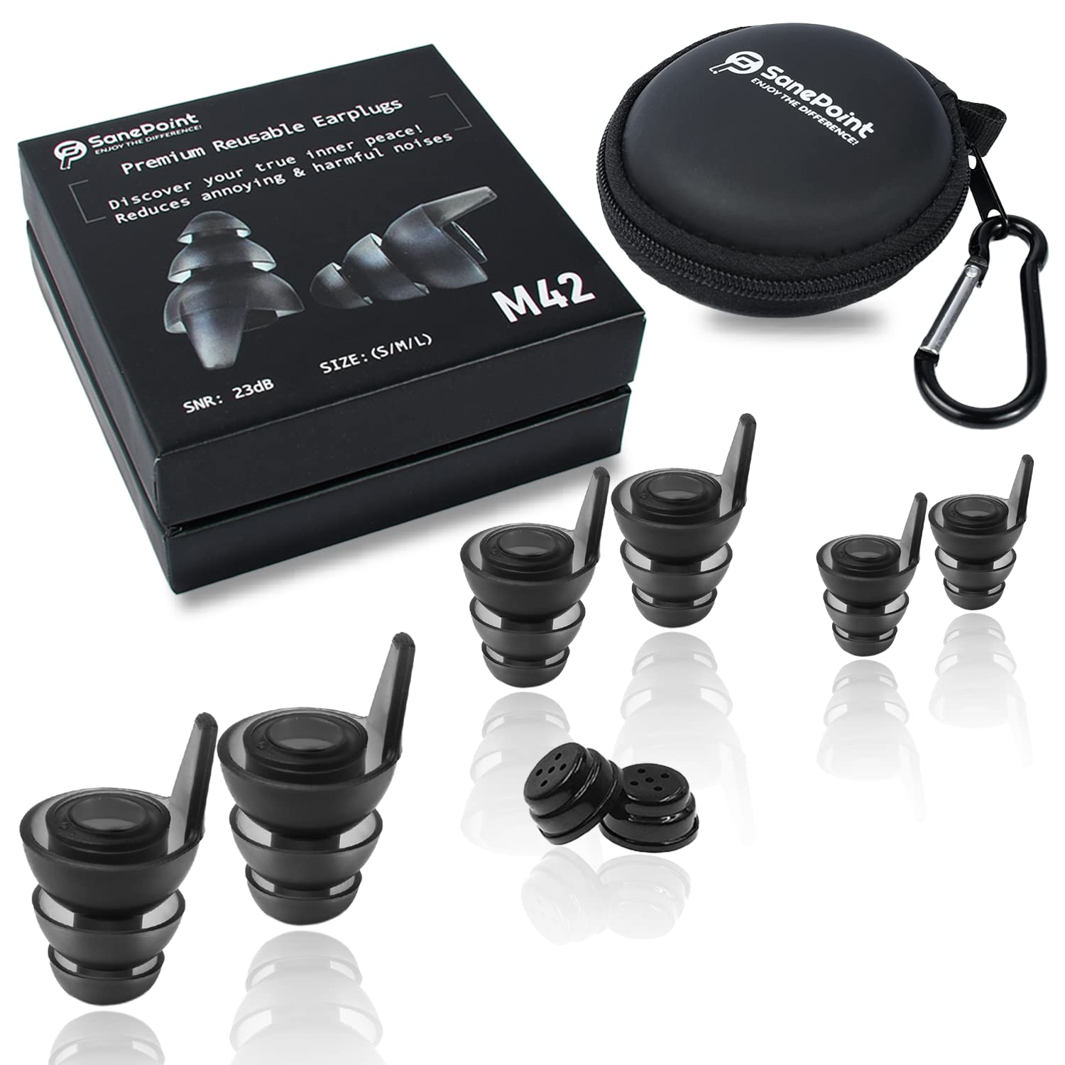 Noise Cancelling Ear Plugs - for Musician, Live Music, Concerts, Work, Sleep, Motorcycles, Airplane, Hearing Protection, Tinnitus and SNR 23dB, Reusable Earplugs with 3 Sizes (S/M/L) and Storage Pouch