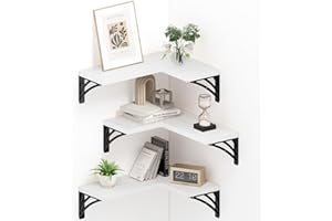 Smatto Corner Floating Shelves Set of 3, Wall Mounted Wood Shelves, Heavy Duty Floating Wall Shelves for Kitchen Bathroom Storage, Hanging Shelves for Living Room Decor, Bedroom and Office, White