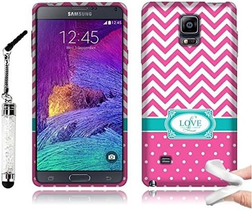 Tadnil Bundle Samsung Galaxy Note 4 N910 Flexible Slim Rubber TPU Skin Protector Cover Case - Hot Pink/ White Love Monogram + Crystal Stylus