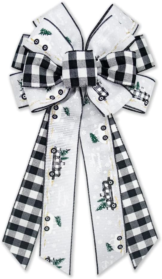 Bows & Ribbons - Hying Large Christmas Bow for Wreath, White Black Buffalo Plaid Wreath Bow for Christmas Décor - Winter Christmas Bow for Front Door Indoor Outdoor Wall Decoration Supplies Ornament