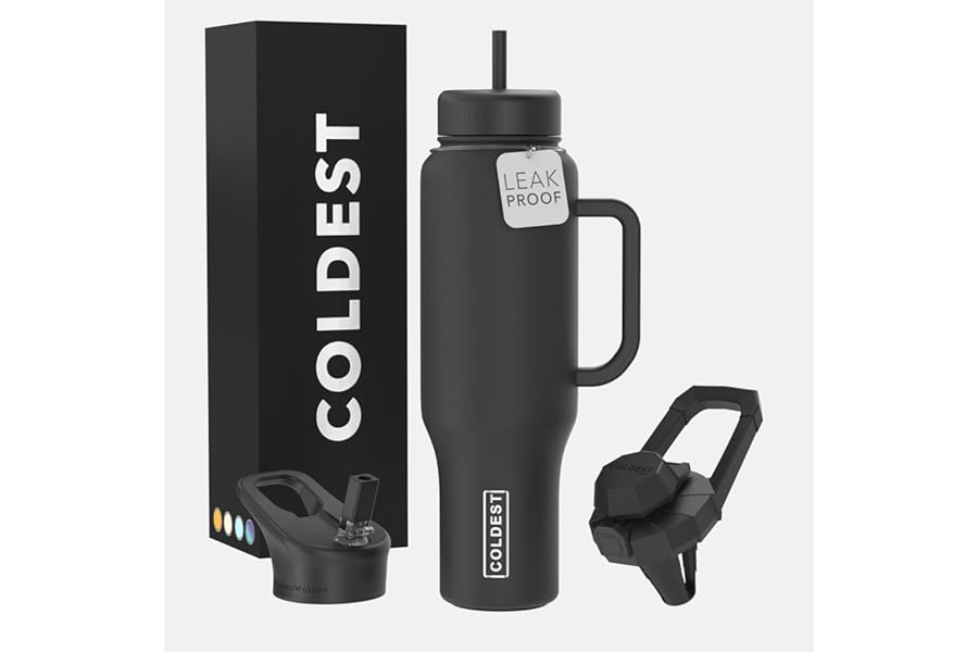 Coldest Tumbler with Handle and Straw - 100% Leak Proof Insulated Tumbler with Lid and Straw (3 Lids) - Stainless Steel Tumblers for Women & Men - Cup Holder Friendly Base, 46 oz (Stealth Black)