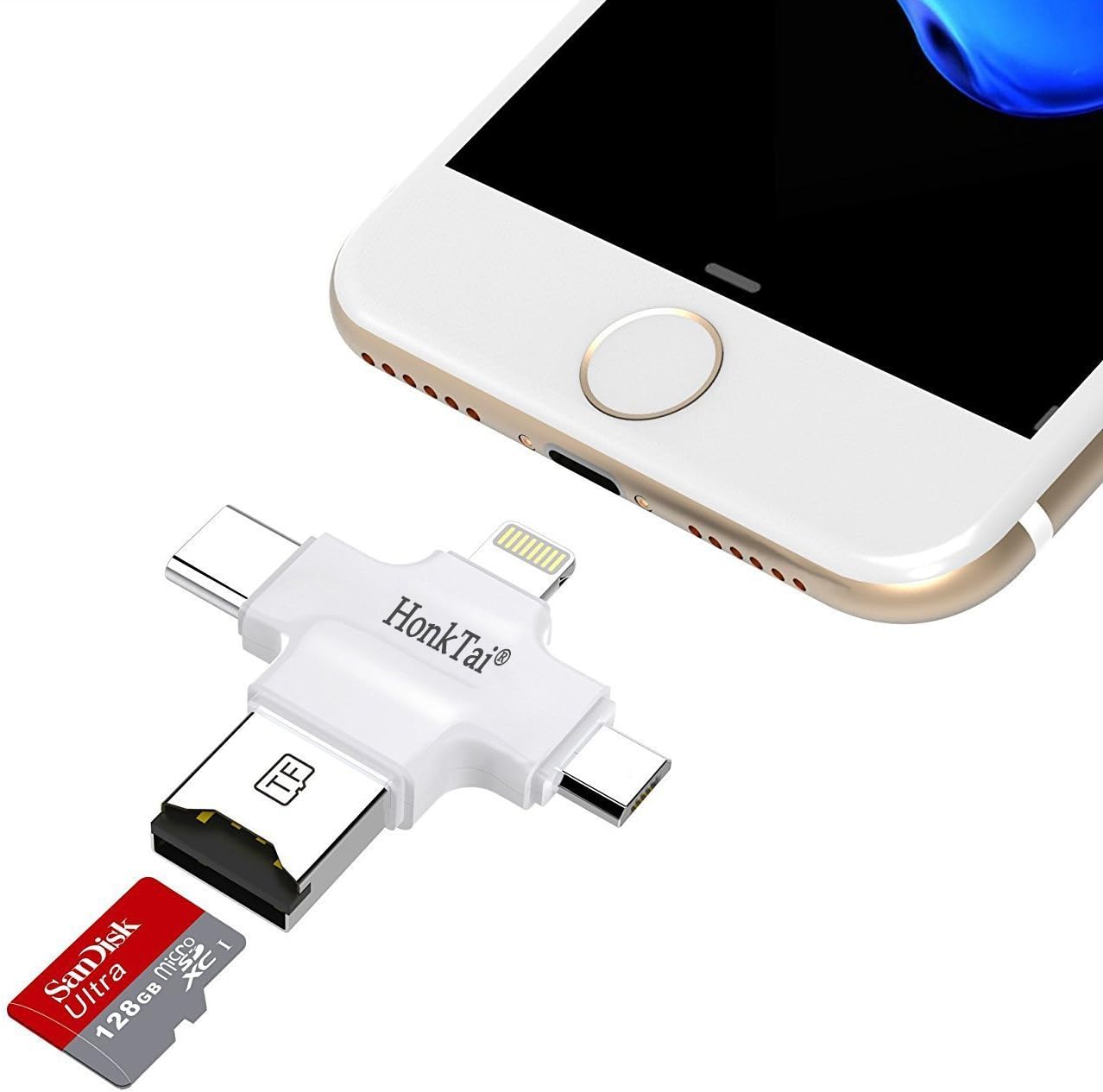 HonkTai Lightning Type-C USB Micro SD Card Reader Camera Viewer For Apple iPhone iPad iPod (White)