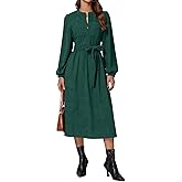 EZAPINE Corduroy Dress Women Long Puff Sleeve Zip Up Vintage Fall Winter Midi Dress with Belt