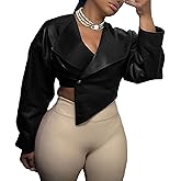 Molilove Crop Leather Jacket Women Faux Leather Long Sleeve Lapel Neck Button Down PU Coats Fall Going Out Jackets