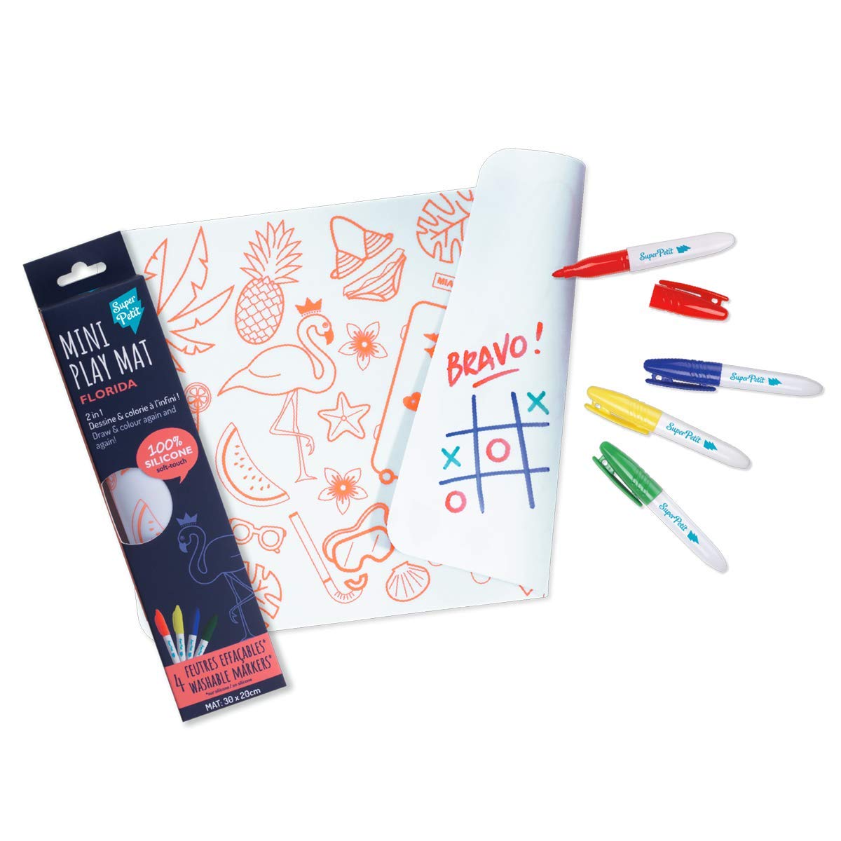SUPER PETIT - Mini Playmat 2 in 1 - Florida - Reversible - Comes with 4 Erasable Felt Pens of Different Colours - Easy to Clean - Reusable - Antibacterial - from 3 Years - 30 x 20 cm