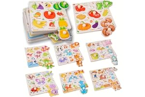 SUNPROUND Wooden Puzzle for Toddler 1-3, 8Pcs Peg Puzzles for Toddler 2-4, Learning Puzzles Set, Wooden Puzzles Peg-Animals, Dinosaur, Fruits, Vegetable, Insect Great Preschool Gifts for Girls Boys