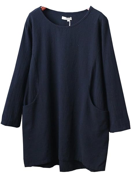Vogstyle Damen Baumwolle Leinen Tunika Dreiviertelarm Oberseiten T-Shirt