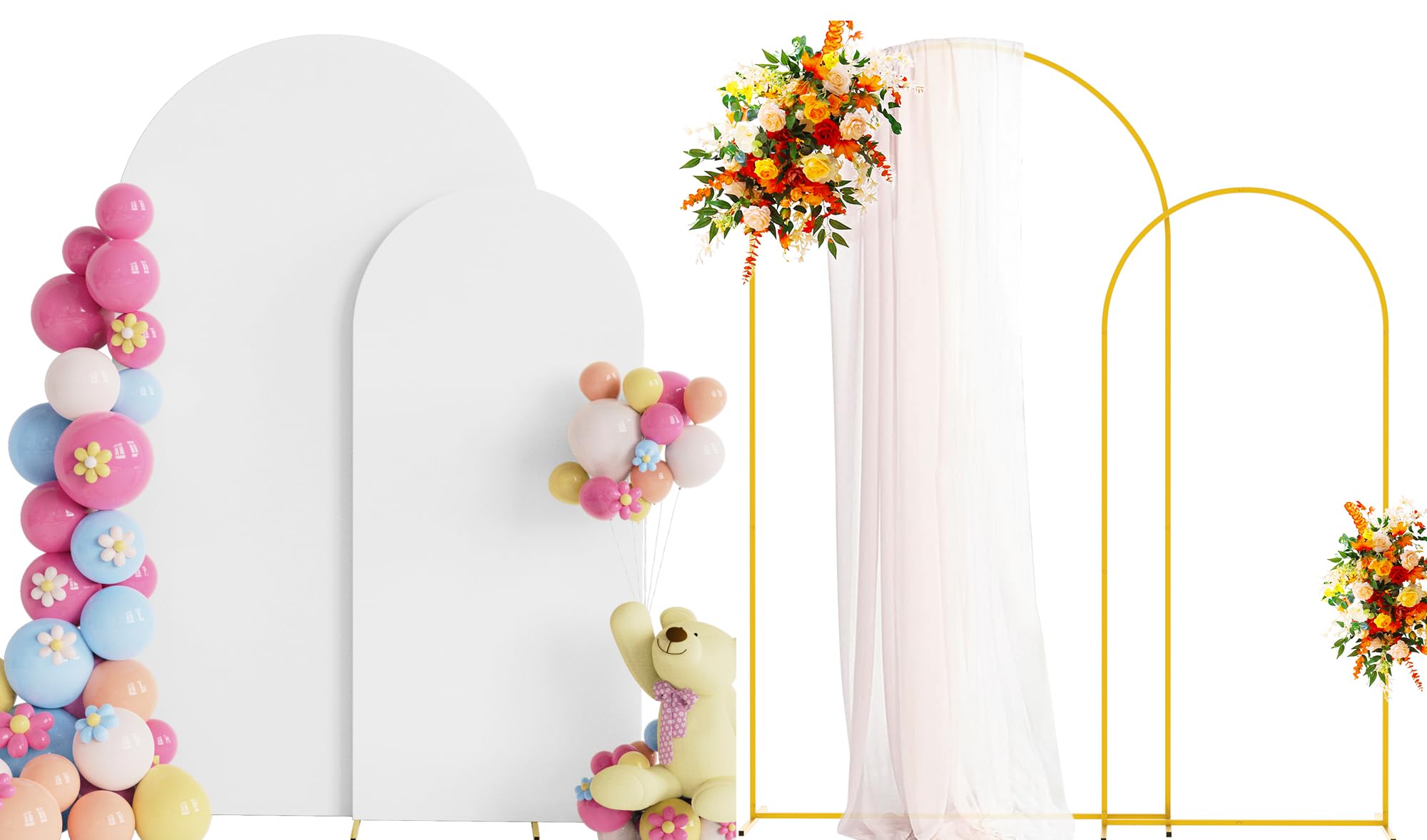 Photo 1 of Putros Metal Arch Stand with Cover Set of 2 White Spandex Fitted Wedding Arch Cover and Round Top Chiara Backdrop Stand for Birthday Party Baby Shower Decoration 7.2FT, 6FT