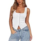 Pungdra Womens Ribbed Button Down Tank Tops for Women Trendy Knit Fitted Button Up Crop Vest Square Neck Cute Going Out Top