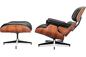 ENZEES Top Black Grain Leather, Mid Century Chaise Lounge Chair and Ottoman, Modern Chair Classic Design, Palisander Wood, Heavy Duty Base Support for Living Room Study Lounge Office