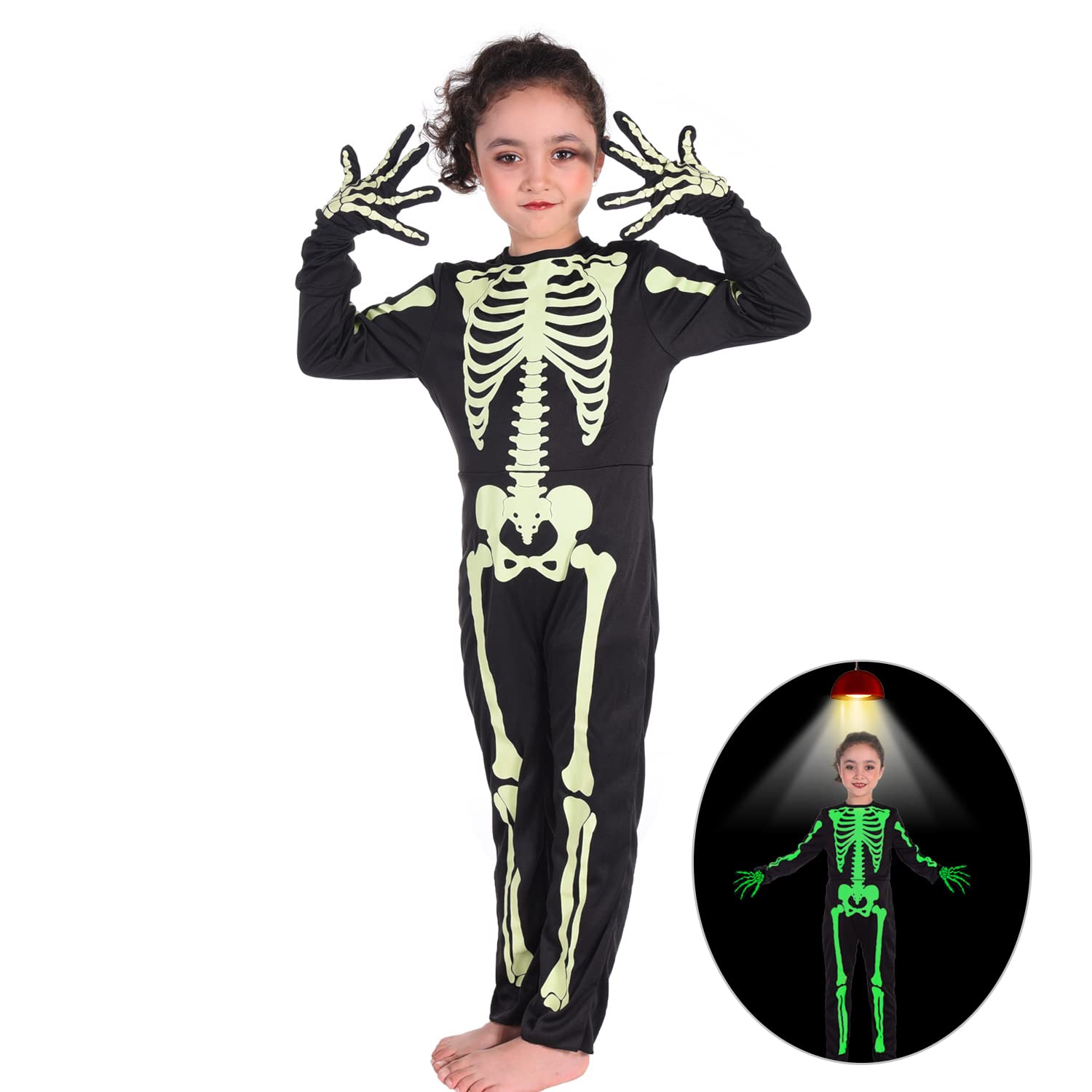 Photo 1 of Kids Skeleton Costumes Halloween Costume Glow in The Dark Child White Bones Stretch Body Suit for Boys Girls