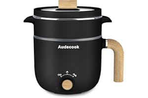 Audecook Hot Pot Electric with Steamer, 1.5L Portable Non-Stick Multicooker, Travel Electric Skillet with Dual Power Control for Pasta/Soup/Steak/Egg/Oatmeal (Black)
