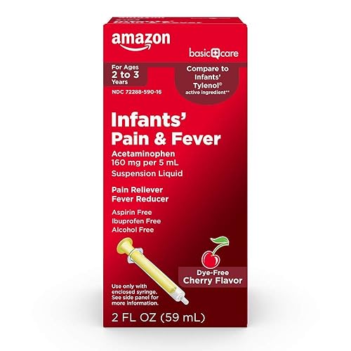 Amazon Basic Care Infants' Pain & Fever, Acetaminophen 160 mg per 5 mL, Suspension Liquid, Dye-Free Cherry Flavor, 2 fl oz (Pack of 1)